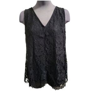 EC WHITE HOUSE BLACK MARKET BLACK LACE SLEEVELESS BLOUSE W/ PLEATING IN BACK SZS